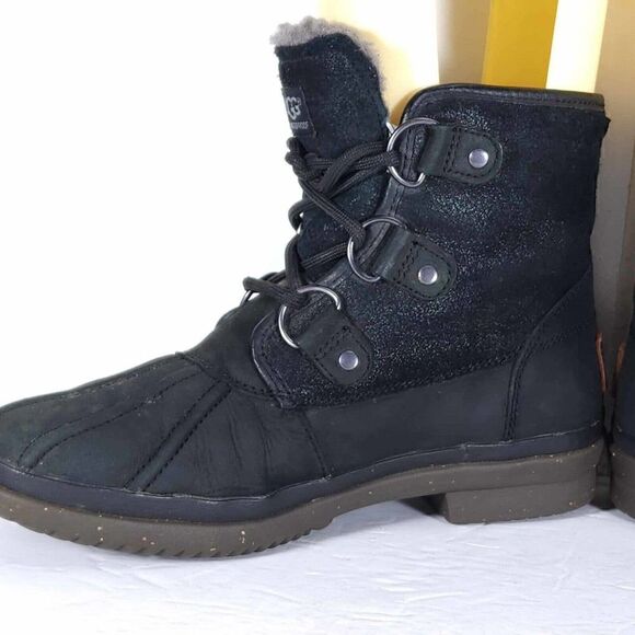 UGG Women's Cecile US 6 Black Leather Waterproof Sheepskin Lined Duck Boots - Picture 6 of 11